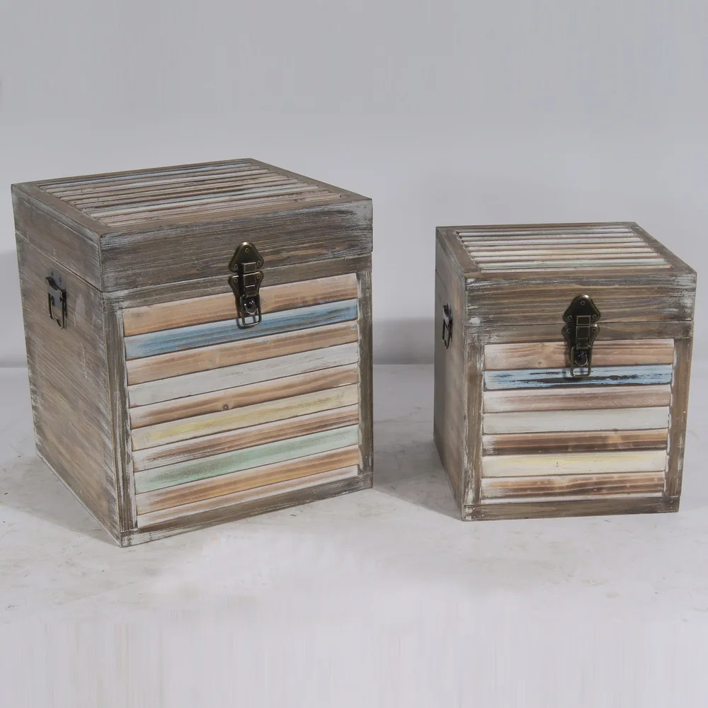 

2020 Products Highly Durable Home Decoration Vintage Rectangle Wooden Base Leather with Wood Bar Set of 3 Storage Box