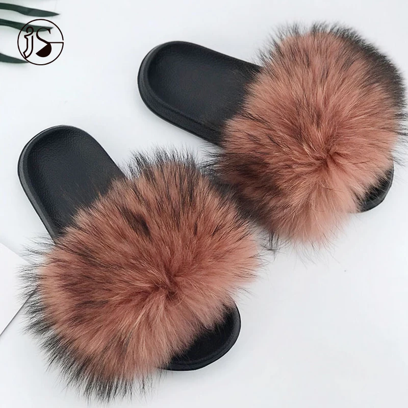 

2021 New design fashion genuine ladies slidesrs real raccoon fur slippers with flat bottom fluffy fur women slippers, Picture