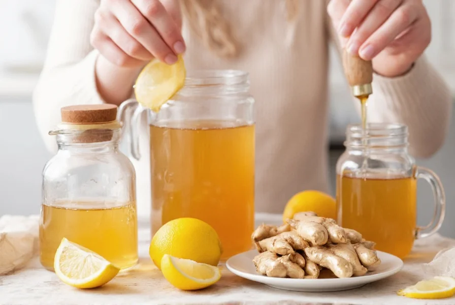 Person preparing homemade ginger tea with fresh ginger, lemon, and honey for sore throat relief