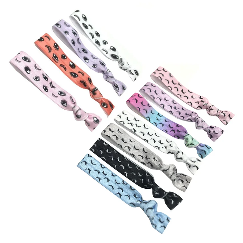 

11 Colors 300pcs Good Sale Eyelashes Printed Knotted Hair Tie Elastic Hair Band Wristband Girls Ponytail Holder Bracelet