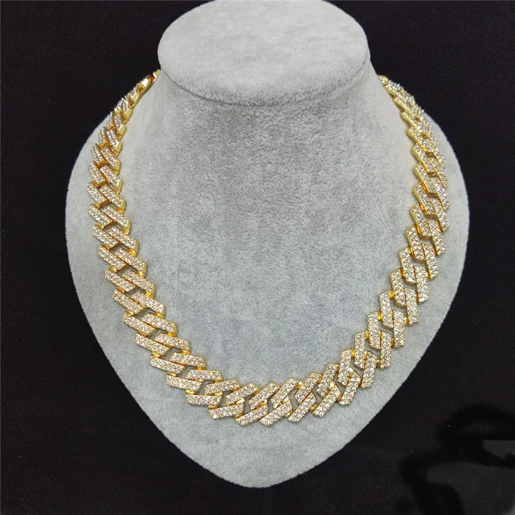 

Special offer Hiphop European and American men's dense diamond 3A water diamond high quality 20MM wide diamond bar Cuban chain, Silver, gold
