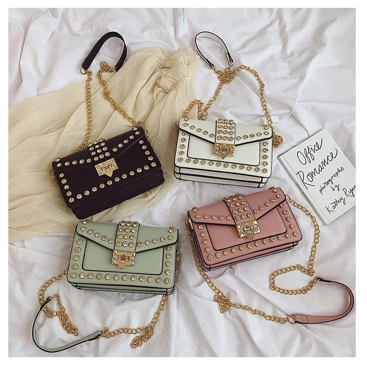 

New Fashion Solid Color Simple Shoulder Messenger Bag Leather rivet crystal handbags leather purse for woman