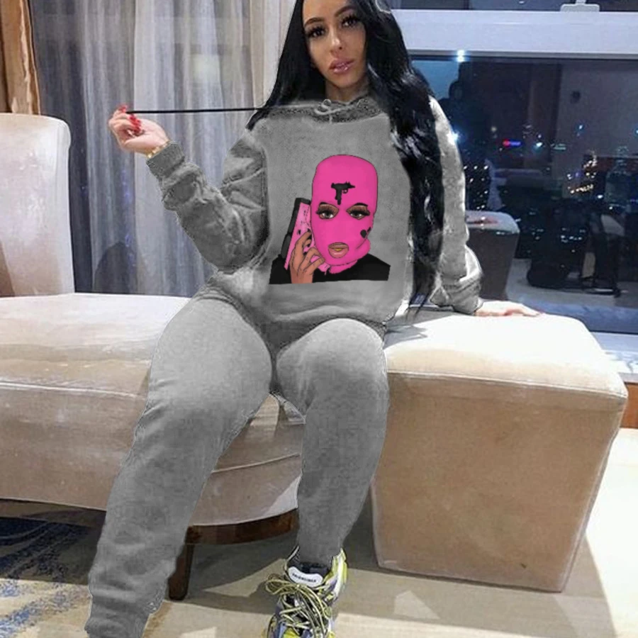 

2021 new arrivals fashion casual print sports hoodie jogging suits wholesale women sets two piece, As shown in figure