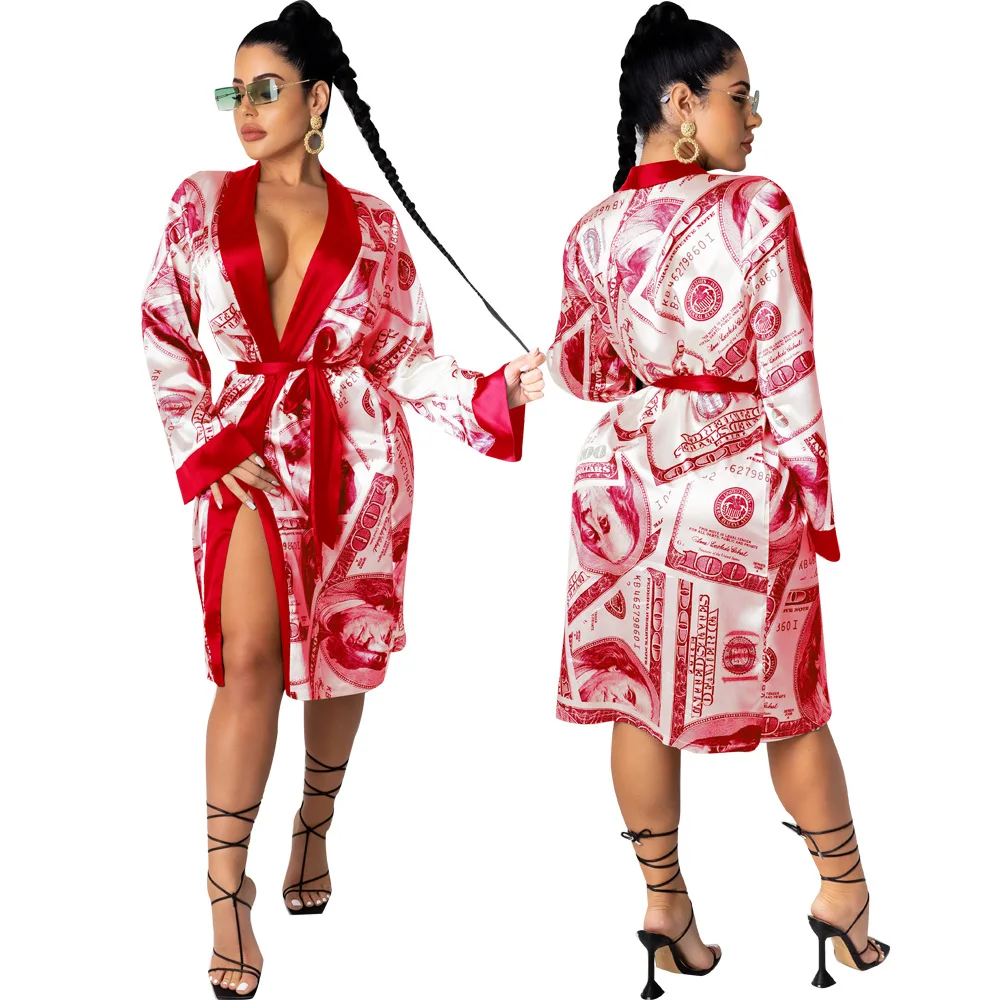 

Free Shipping C10318 - 2021 new trendy women fashion long sleeve printed bath robe with belt