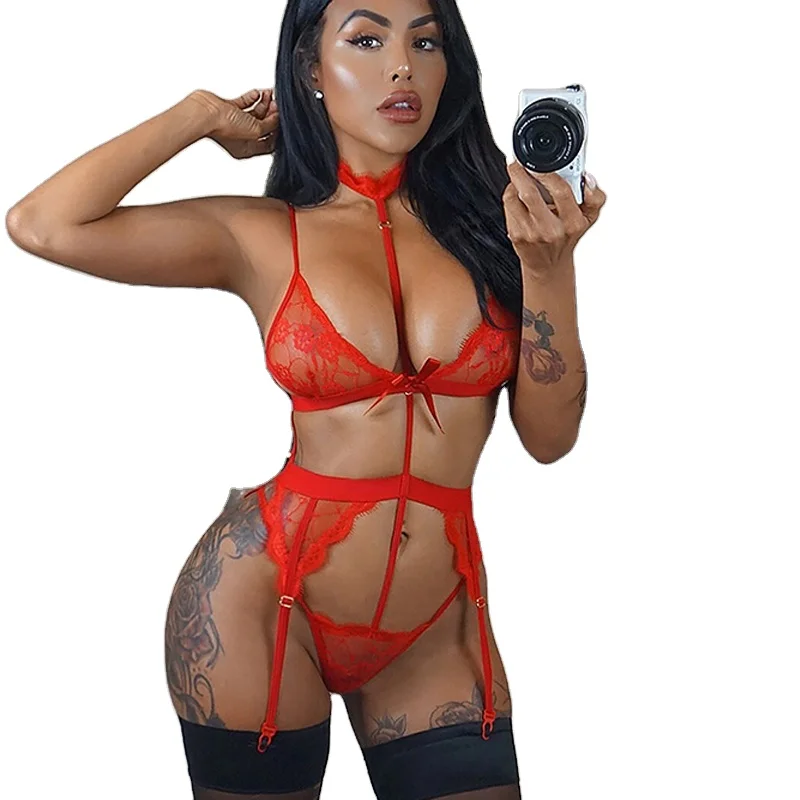 

Sexy 2 Pieces Set Sling Red Mesh Christmas Romantic Women Lingerie Erotic Red Transparent Underwear Women