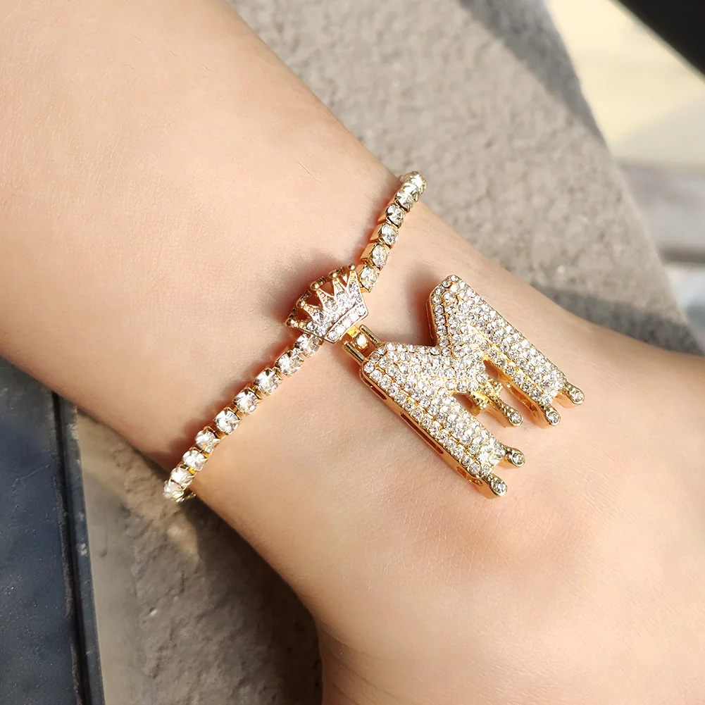 

4 Colors Gold Plated Full Crystal Pave Large Initial Pendant Anklet For Girls Crown Letter Foot Anklet, Gold silver plated