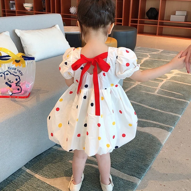 

New fashion toddler Girls summer short puff sleeve rainbow dots printed cotton T- shirt dress, Picture shows