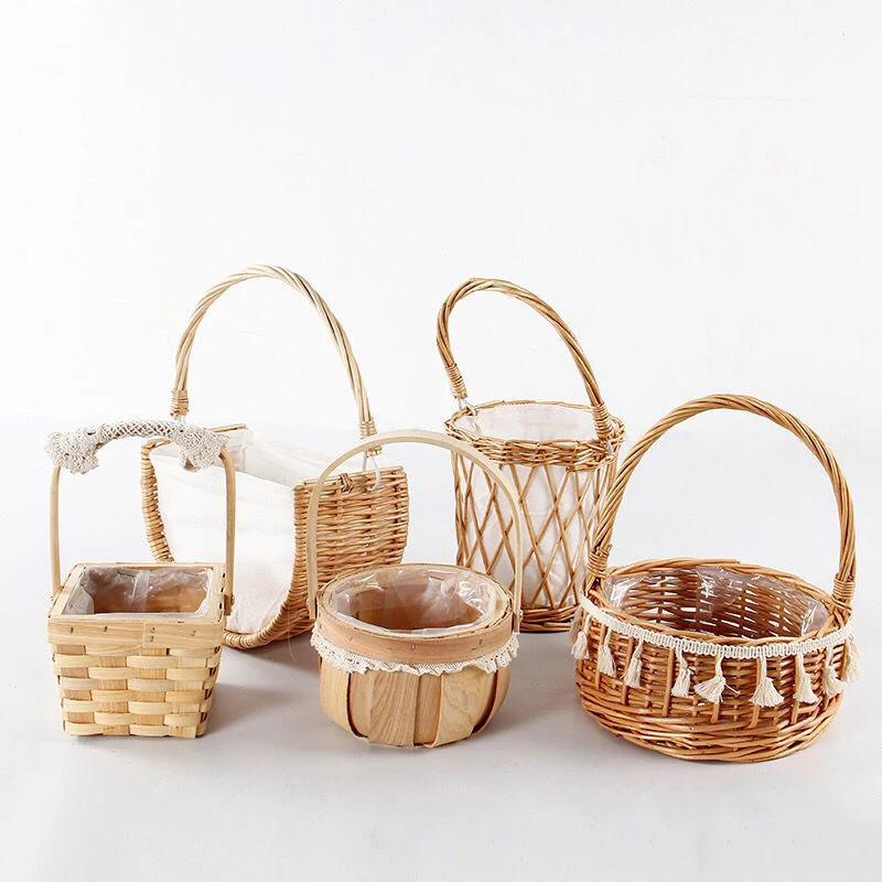 

Rattan portable flower basket arrangement bamboo storage basket woven flower basket flower pot rose packing, Wood color