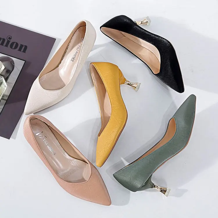 

New autumn pointed toe shallow mouth women's simple fashion stiletto shoes 111, Beige yellow green pink black