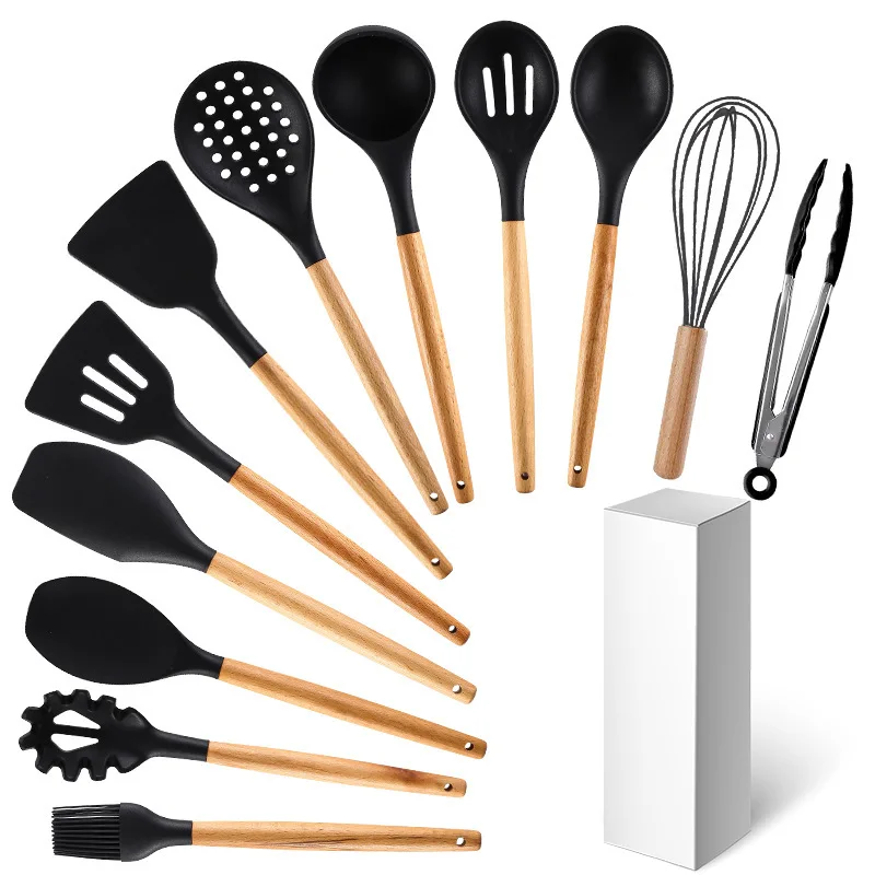 

Silicone kitchenware 12-piece spoon spatula wooden handle kitchen utensils cookware set