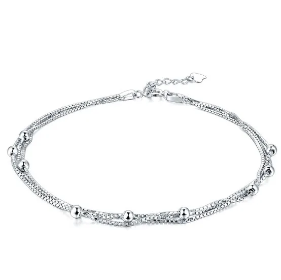 

925 Sterling Silver Anklet Jewelry Round Bead Fashion Foot Chain multilayer Women Bracelets