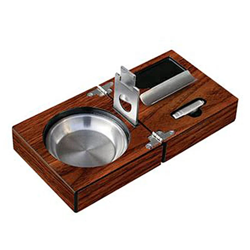 

UKETA custom hot selling luxury square folding wooden cigar ashtray gift set with cigar cutter