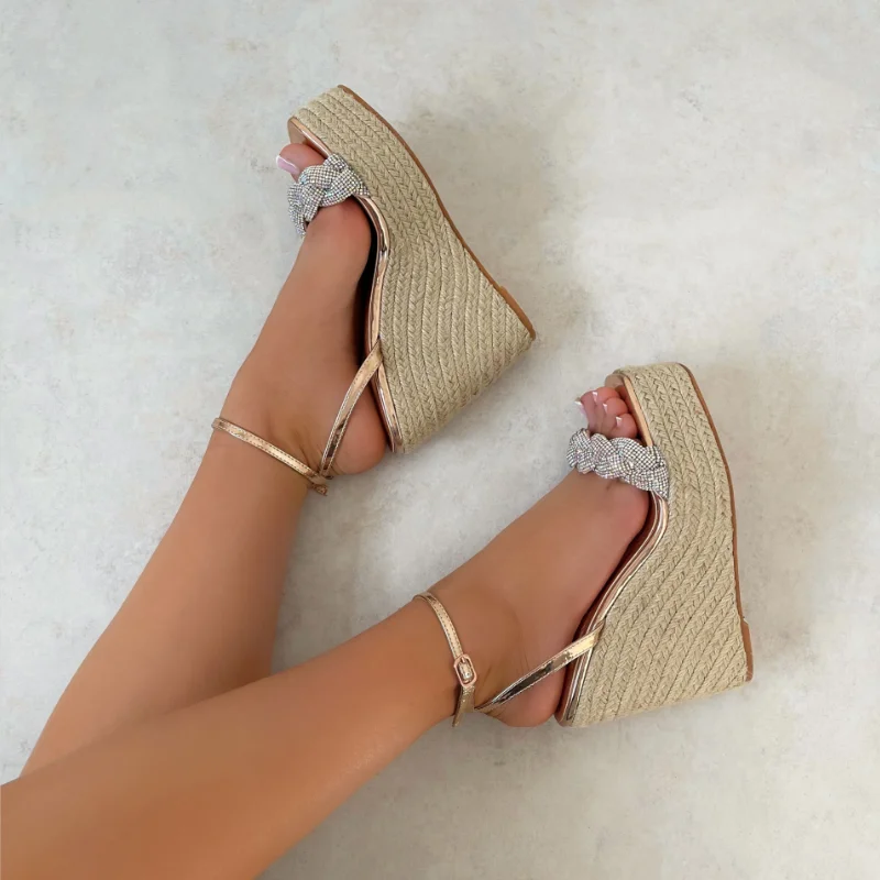 

diamante detail woven strap wedge heel women shoes summer fashion vacation wear platform peep toe lady espadrille sandals