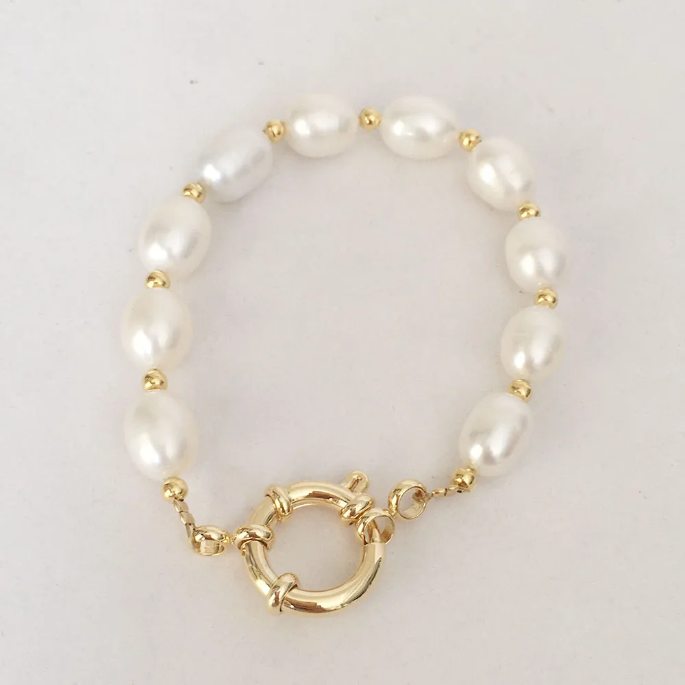 

100% nature freshwater pearl bracelet7.3-8.3 mm rice pearl bracelet stainless steel sailor clasp18k gold platinggood quality