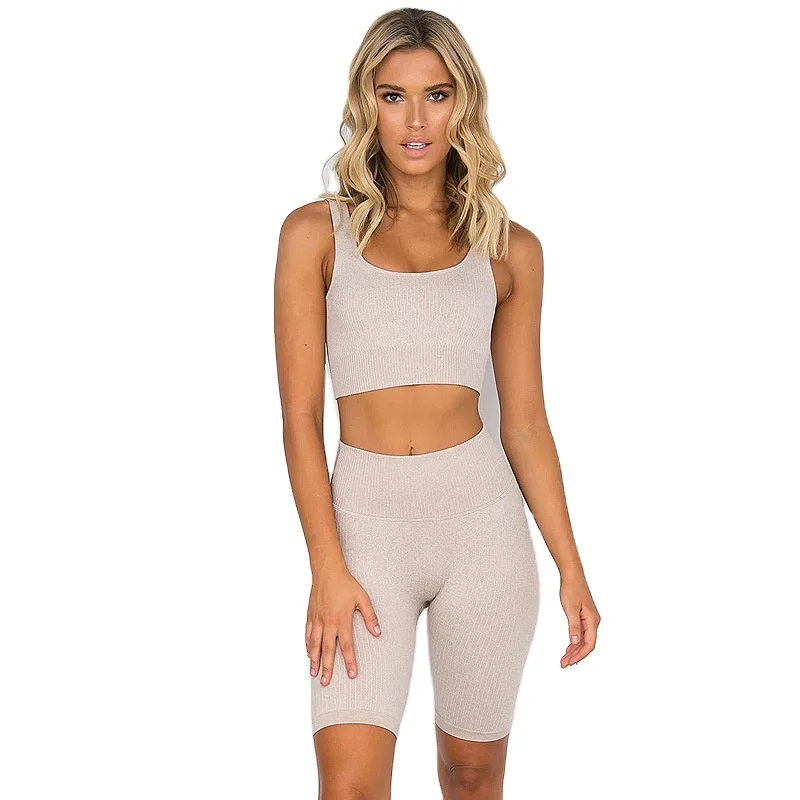 

Yingjiali Sporting Fashion Ribbed Seamless Two Pieces Yoga Shorts Set Quick Dry, Picture