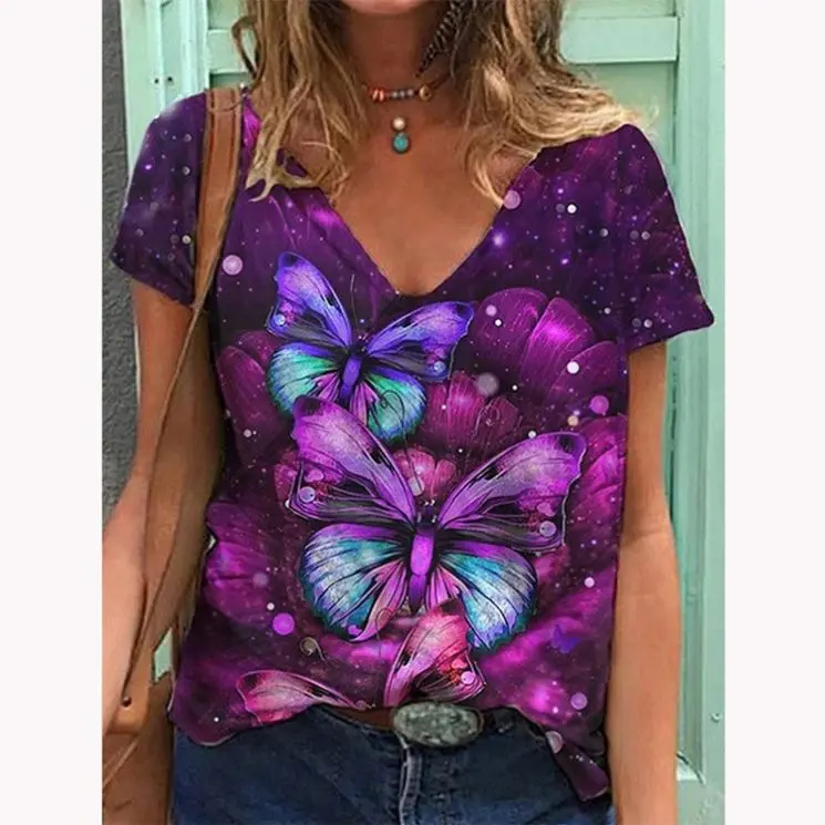 

Casual 2021 Summer Short Sleeve Printed V Neck Ladies T-shirt Womens Blouse Women Tops