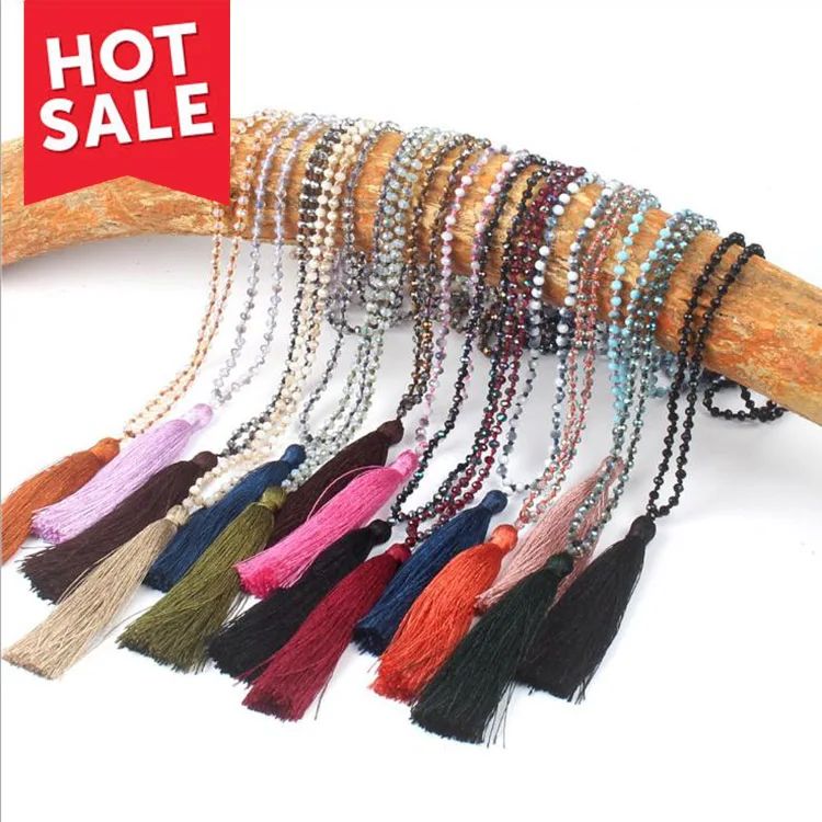 

NG1007 yoga mala jewelry glass crystal beads knotted long tassel necklace for women