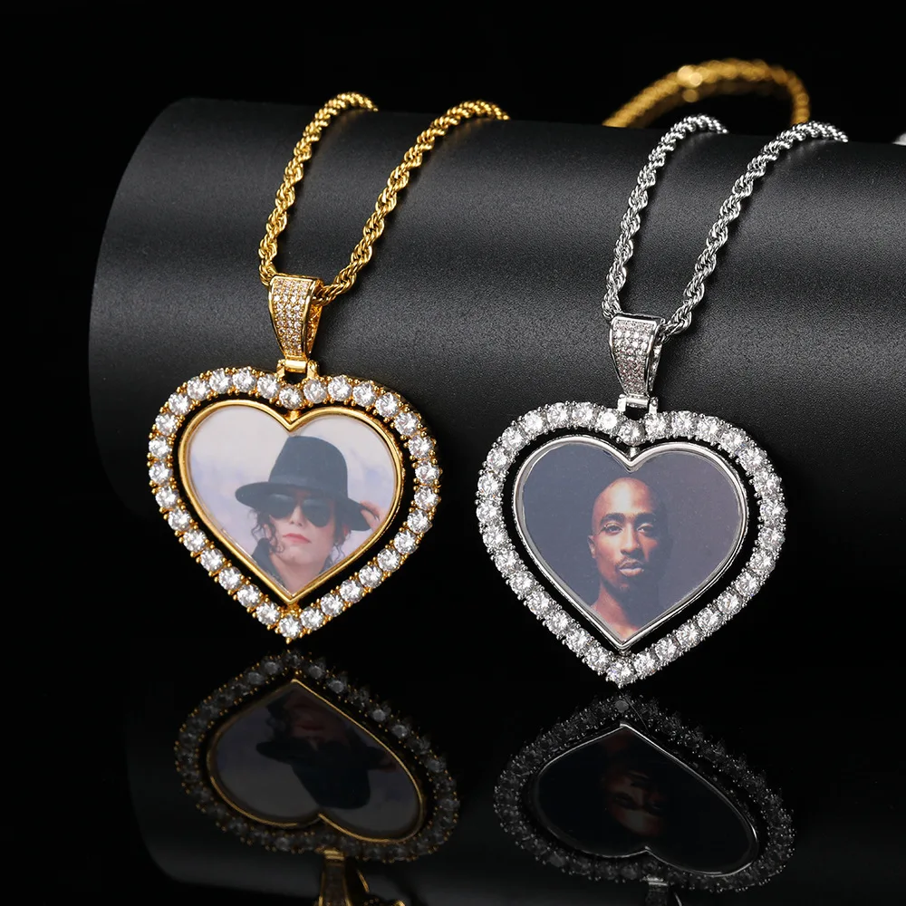 

NUOYA Hip Hop Diamond Iced Out Memory Heart Photo Pendant Picture Necklace, Gold/platinum color