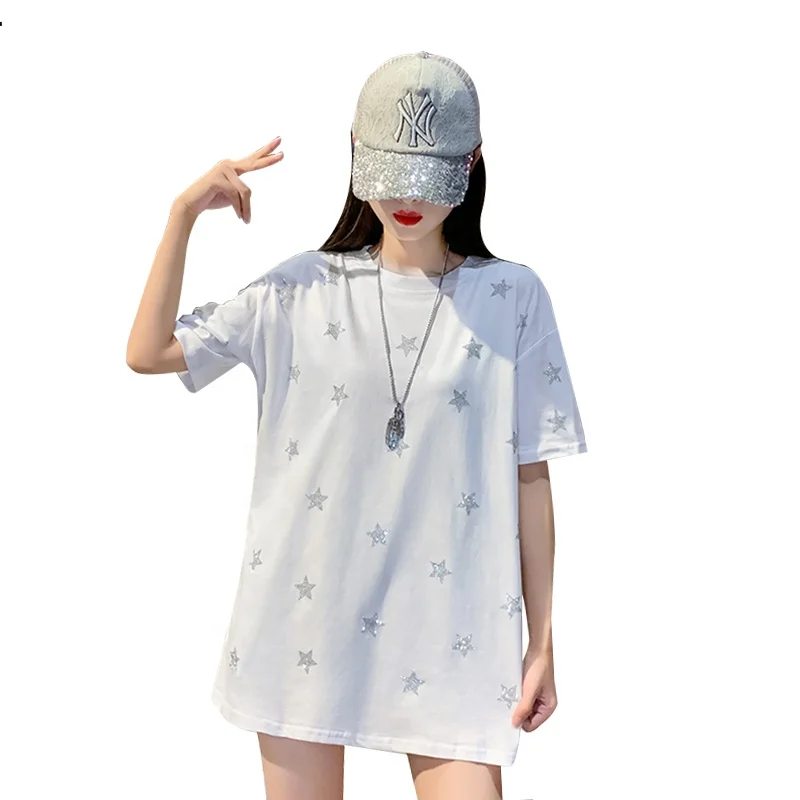 

woman tops fashionable Short sleeve star rhinestone women tshirt tee cotton Casual oversized female tops