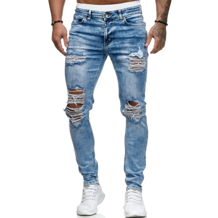 

Light Blue Mens jeans denim manufacturers distressed Fashion New denim Jogger pant high stretch ripped jeans