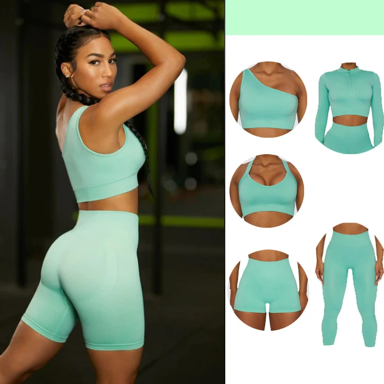 

Tik Tok 5 Piece Gym Bra Suit Athletic Active Wear Fitness Long Sleeve Fitness Tracksuit Women Sport Seamless Yoga Set, As picture