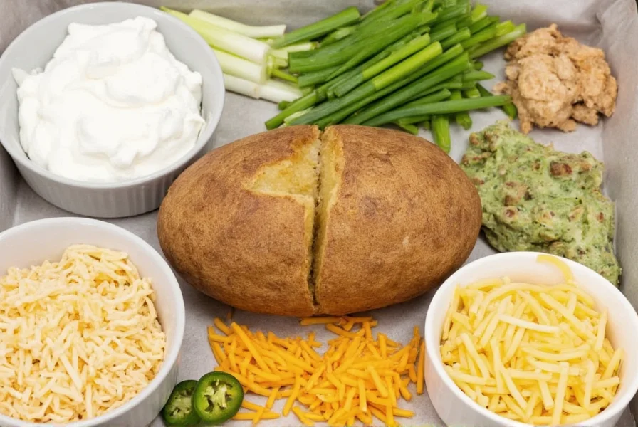 Variety of baked potato chili toppings including sour cream, green onions, shredded cheese, and jalapeños arranged around a central potato