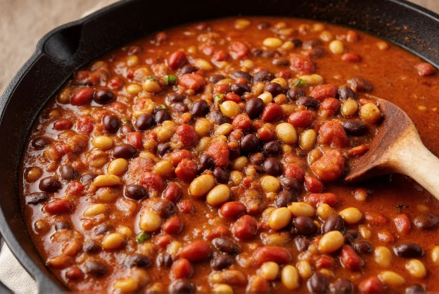 Three bean chili recipe in cast iron pot with kidney beans, black beans, and pinto beans simmering in tomato broth with spices