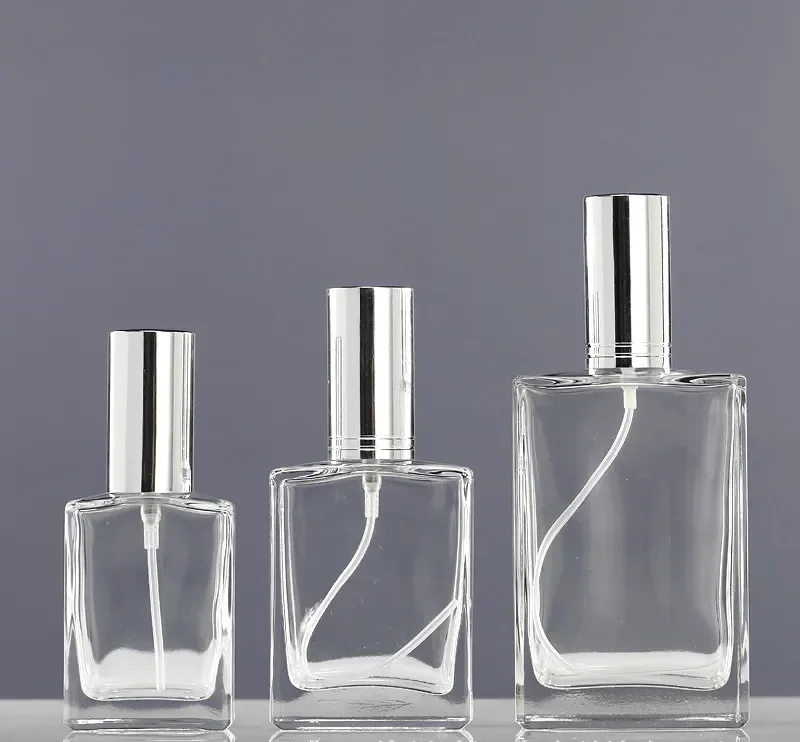 

Luxury 30ml 50ml 100ml empty clear refillable perfume glass spray bottlewith silver cap