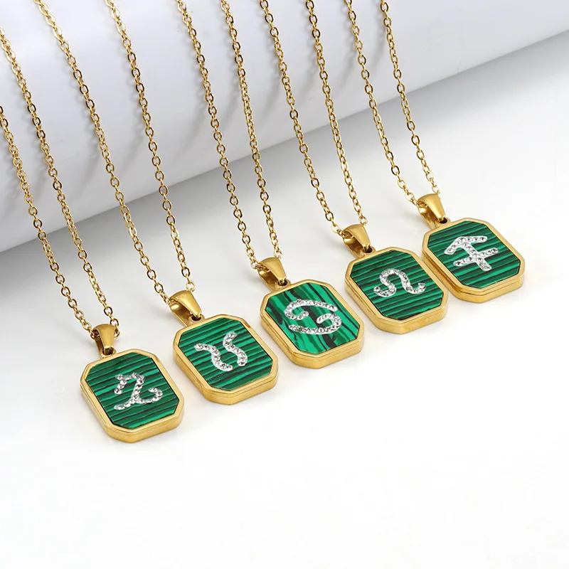 

Green Malachite 12 Zodiac Signs Necklace Women Accessories Gold Plated Stainless Steel CZ Diamond Zodiac Pendant Necklace