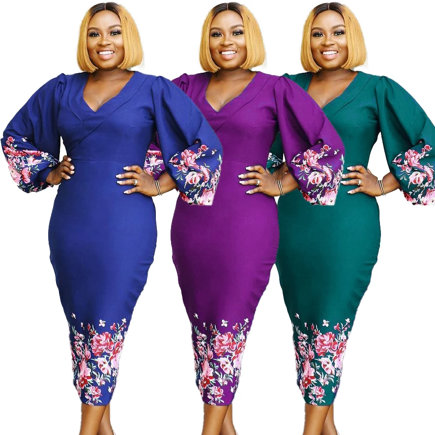 

D3051C women's large size printed puff sleeve V-neck OL buttocks African dress plus size women dress office ladies dress
