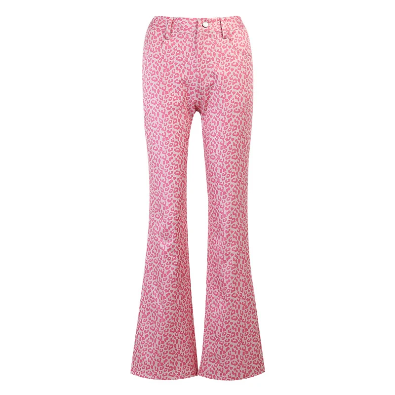 

Retro Pink Leopard Print Pants High Waist Flare Trousers Women Casual Fall Straight Flared Trousers