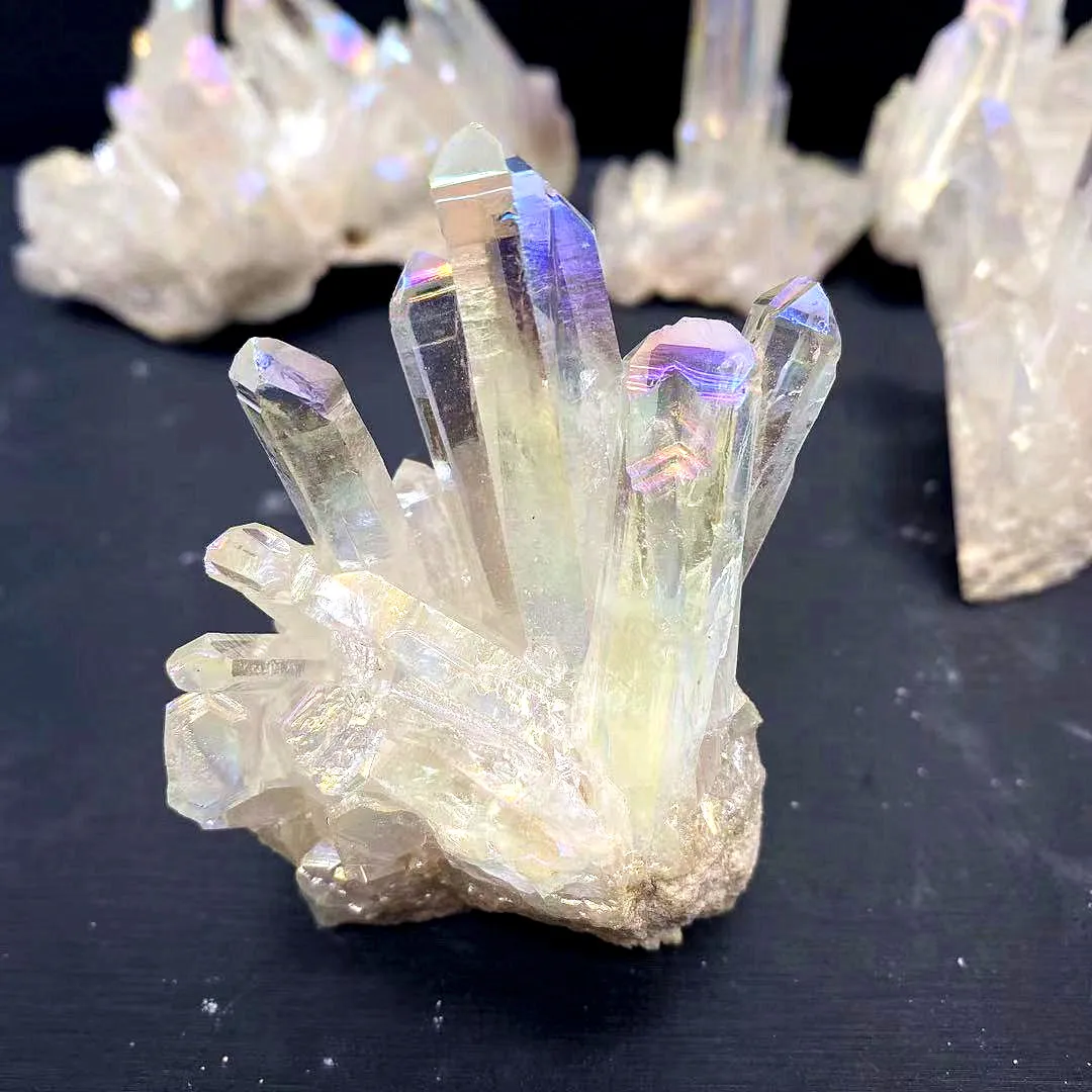 

Natural Mineral Samples Electroplating Angel Aura Crystal Cluster Rainbow Clear Quartz Cluster for Ornaments