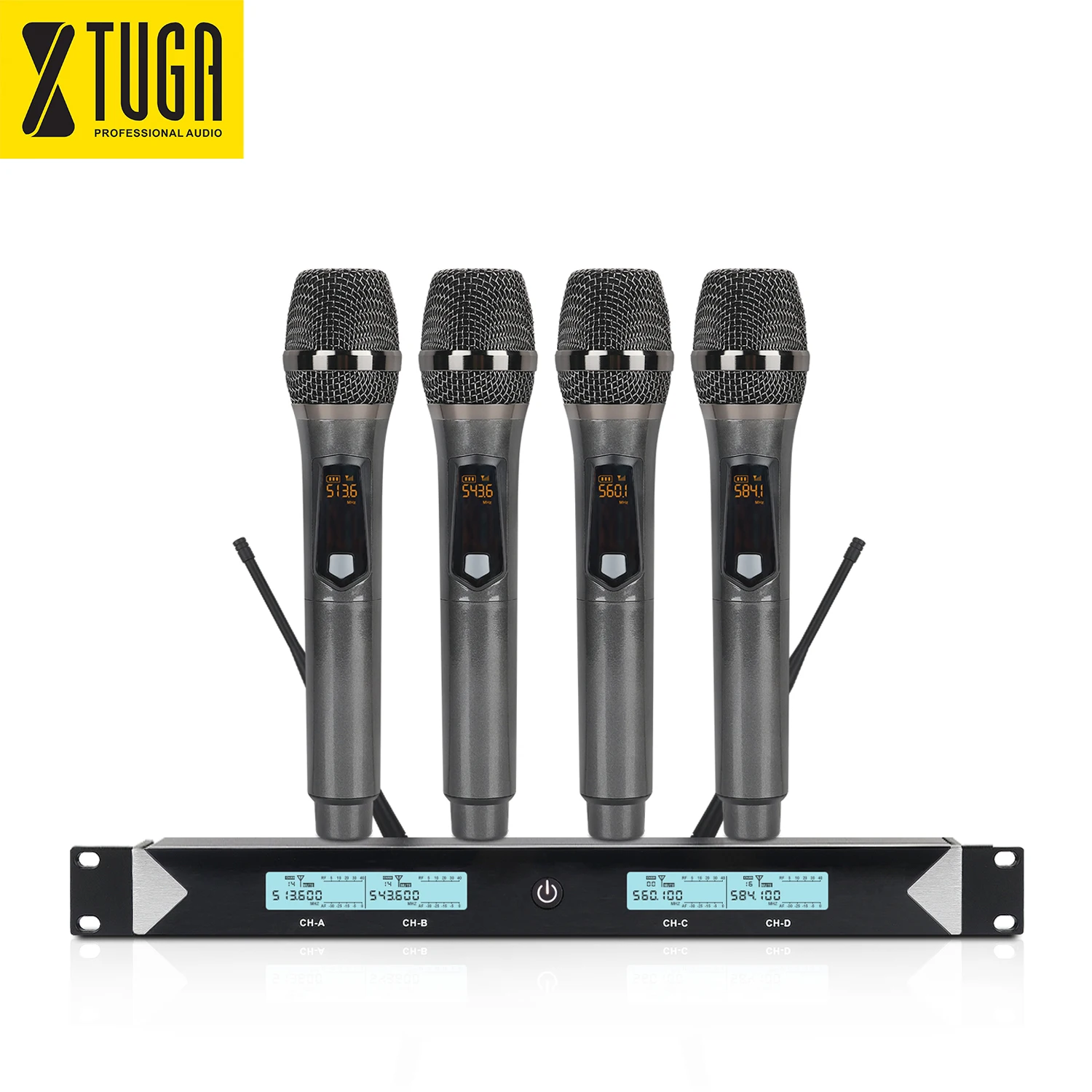 

XTUGA 4-channel UHF professional wireless FM microphone. Used for karaoke, wedding, etc., Black