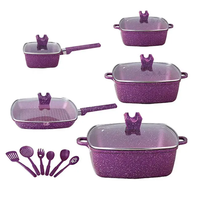 

Hot Selling product 16PCs cookware milk pot soup pot frying pan non-stick pan kitchenware set cookware, Red/blue/purple/pink/golden brown