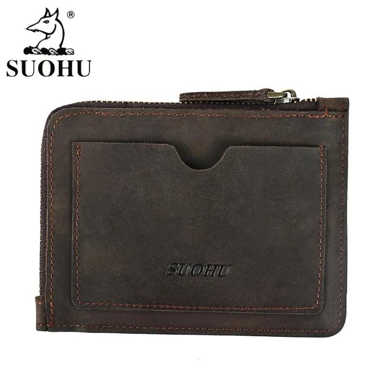 

SUOHU Dropshipping Slim Mens Leather Card Holder Zipper Credit Card Hodler Wallet, Brown