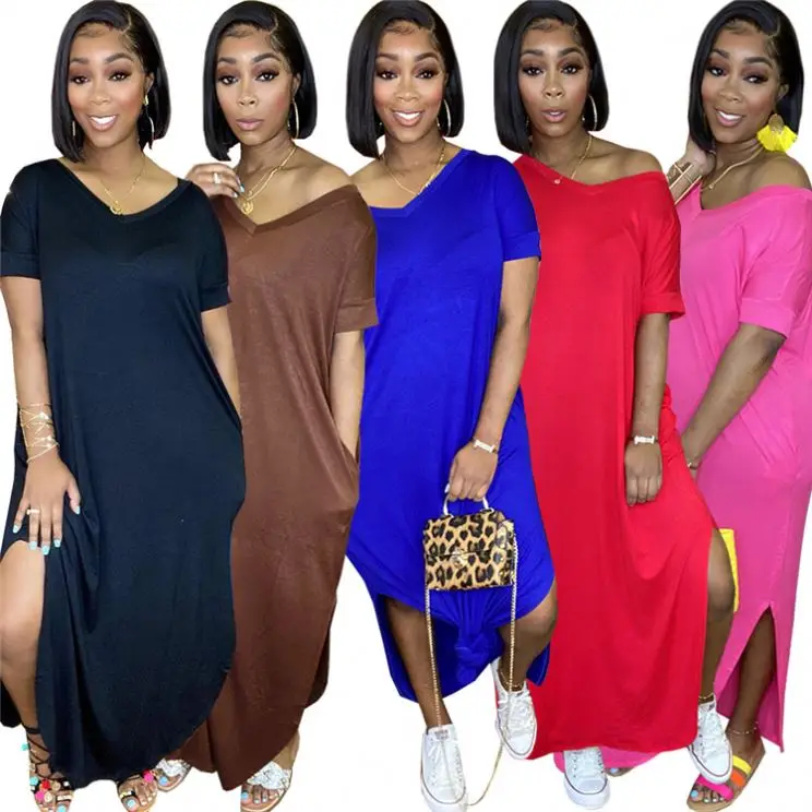 

MOEN Side Slit Loose Style vestidos mujer New Arrivals 2021 Long Maxi Dresses Woman Casual Dress