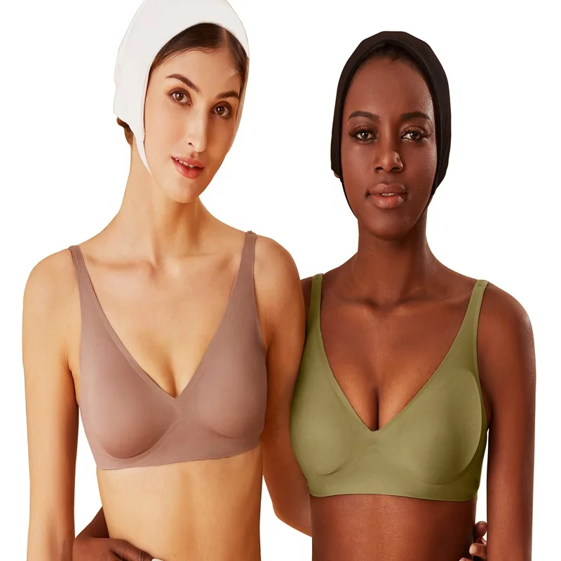 

Women's One Piece Seamless Wireless Ice silk Comfort Sleep Leisure V Neck Bralette Invisible Bra with Removable Pads, Black, skin color, green, gray, shrimp red