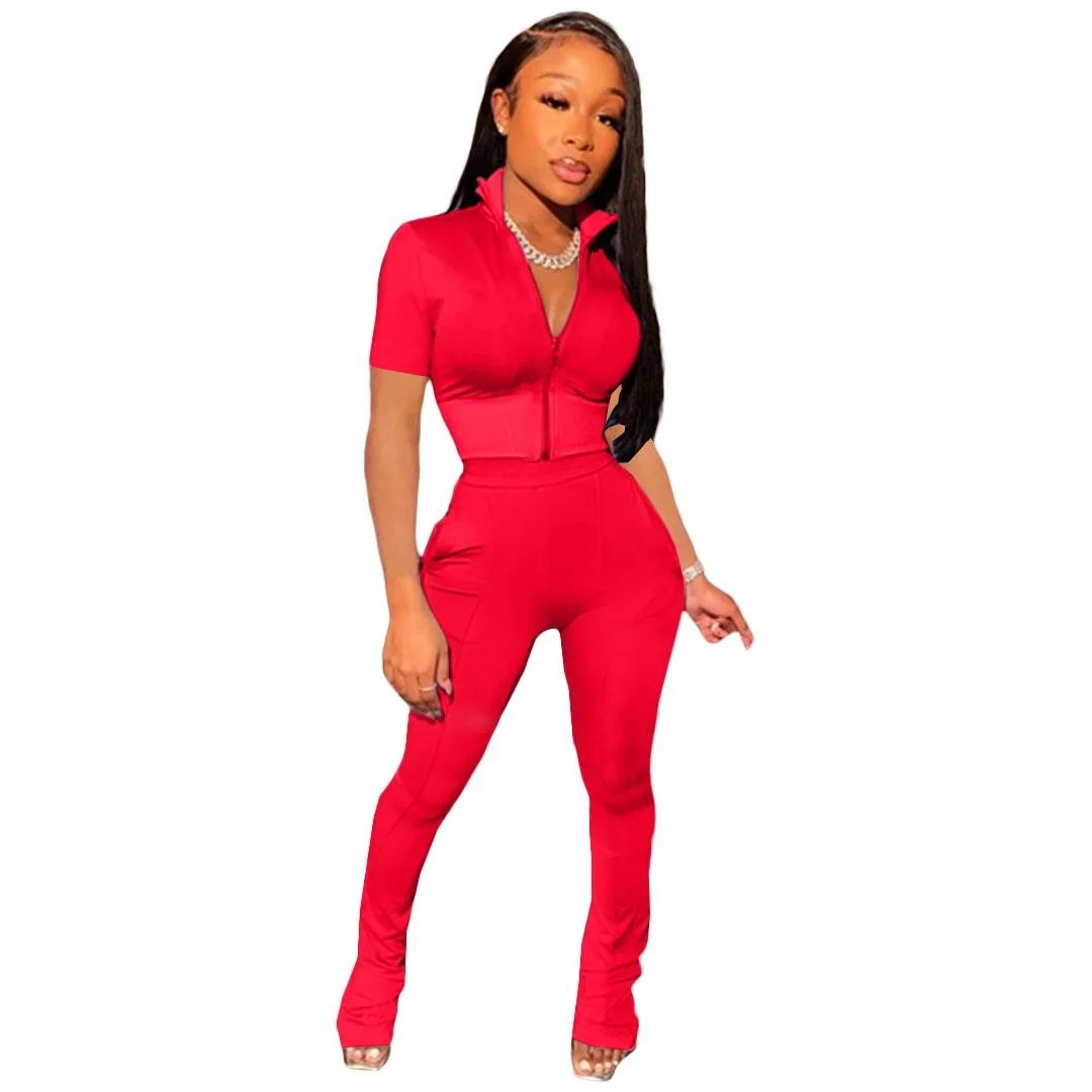 

AI27-8283 Hot style Women's Plain Color Short Sleeve Trouser Set