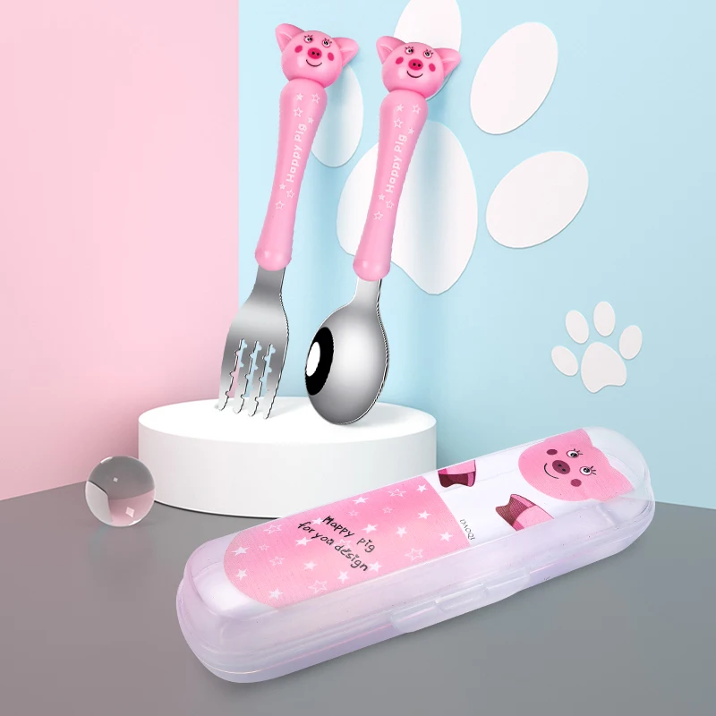 

Metal 304 stainless steel tableware for children set kids cutlery flatware set with ABS handle spoon and fork set in a case, Pink,white