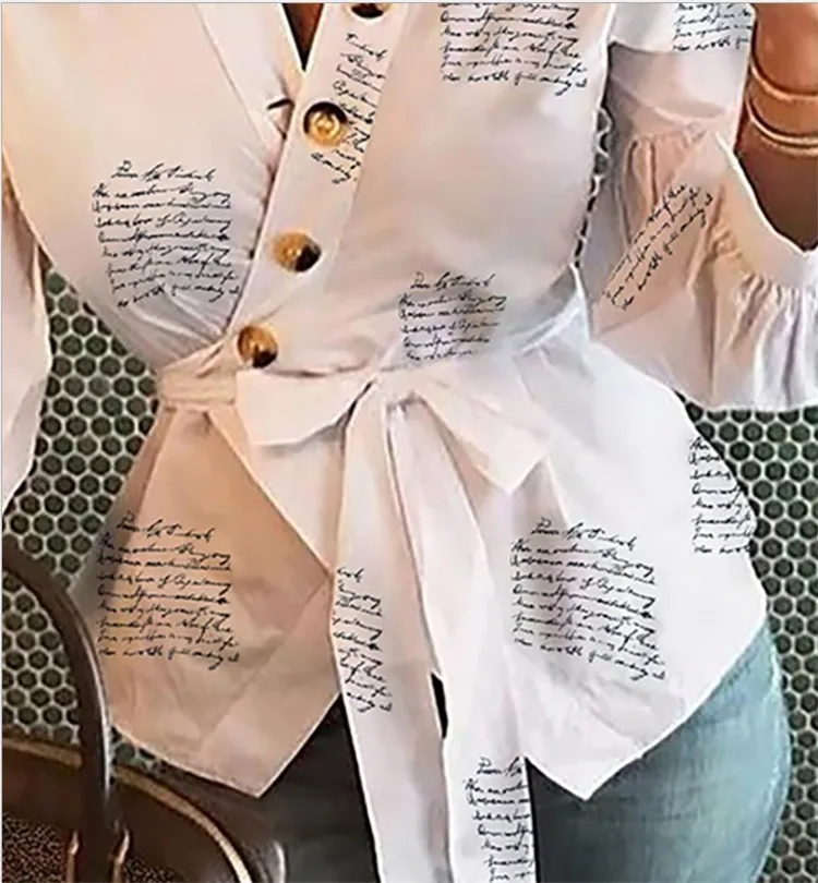 

Autumn V-Neck Lantern Long Sleeve Waistband Print White shirt top Office Lady sexy v neck button Tops belt Blouses