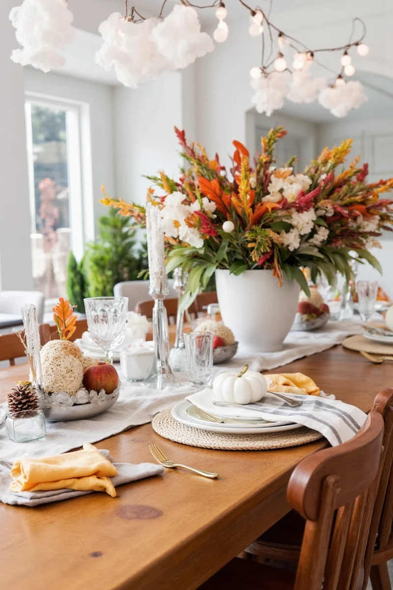 Fall harvest-themed Thanksgiving table with pumpkins and candles