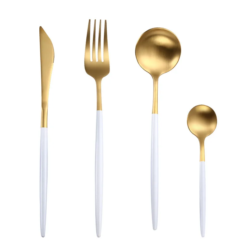 

Luxury Dinnerware Metal Reusable Tableware Knife Fork Spoon Flatware Set Travel Cutlery 2021 amazon top seller, Silver, gold. rose gold. black, rainbow, blue and purple