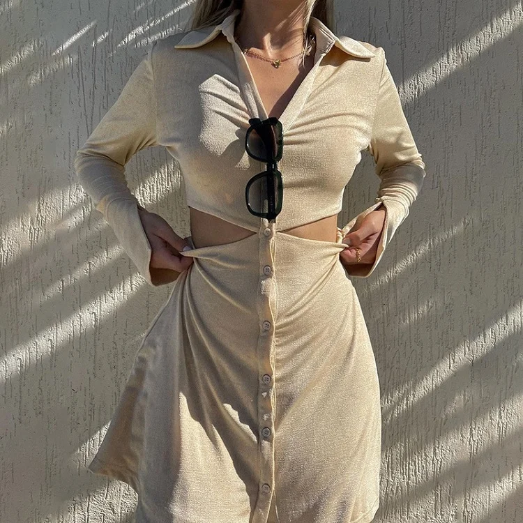 

Sexy Fashion Hollow Temperament Design Sense Slim Long sleeve Woman Summer Shirt Dresses, Khaki,brown,black,apricot