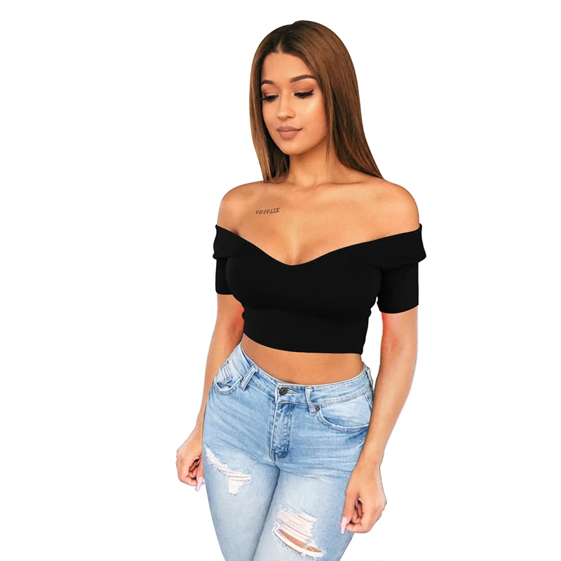 

Women's 2021 new arrival summer Sexy Off Shoulder V Neck Short Sleeves Club Crop Top AM318