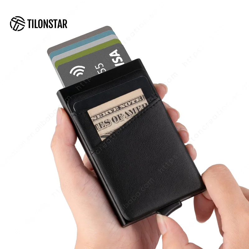 

Customized Logo Aluminum Card Holders Genuine Leather Credit Card Holder Rfid Blocking Wallet