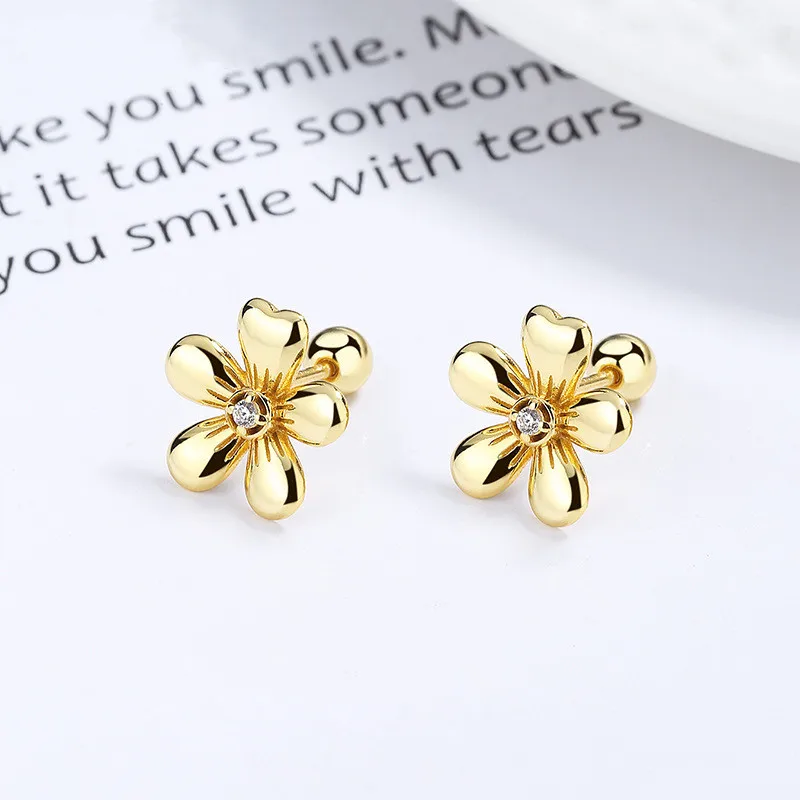 

fashion jewelry 925 sterling silver minimalist thread earrings flower five petals blossom zircon gold plated stud earrings women