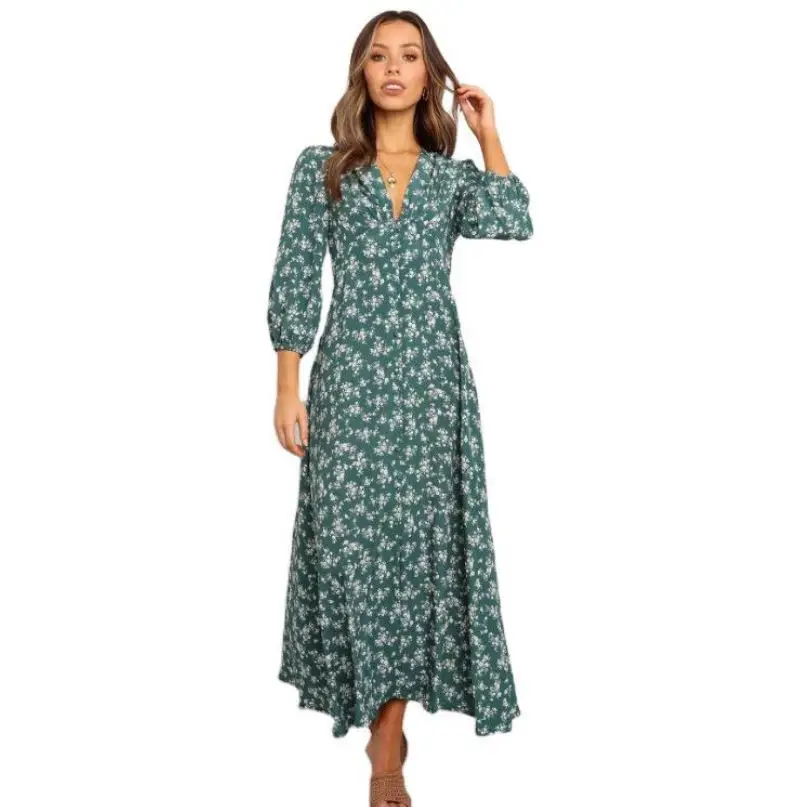 

Autumn New Print V-neck Sleeve Swing Dress For Women, Shown
