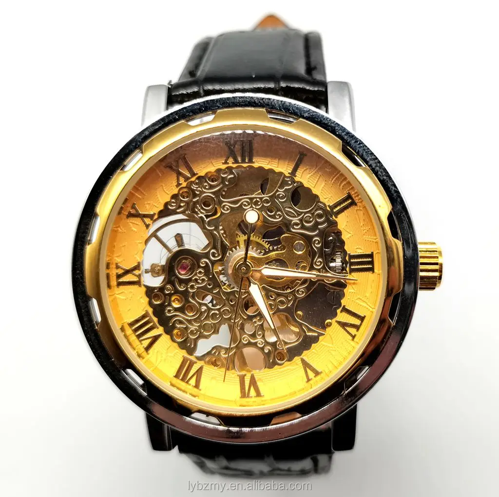 

promotional Leather band Stainless Steel Men Skeleton Hand Wrist Mechanical Watch