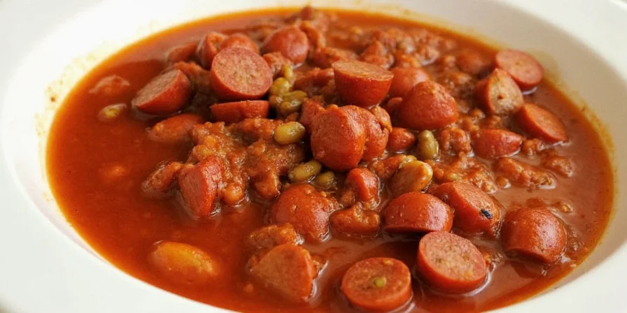 Pot of chili simmering with chorizo chunks visible