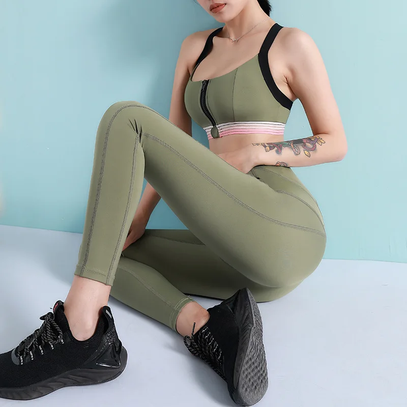 

Two Piece Fitness Wear suit yoga Set Sports Bra with zipper for Women